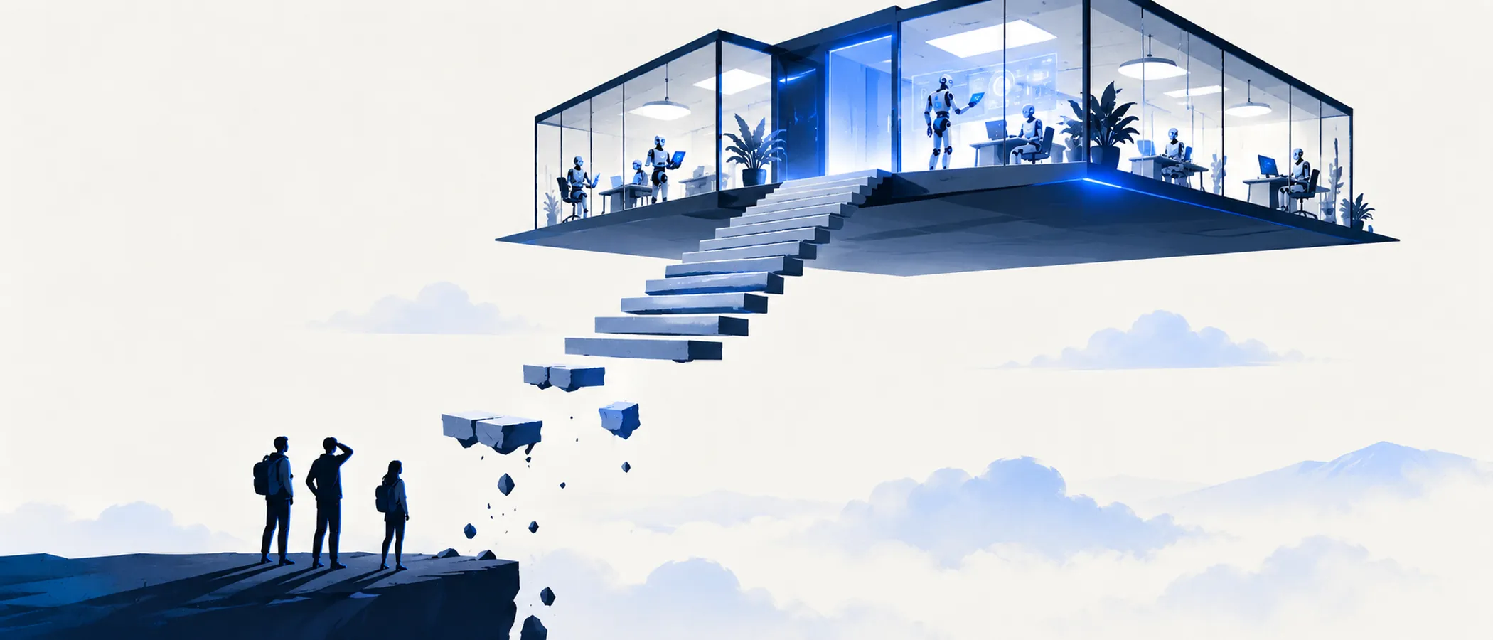 Illustration: a staircase to a glass office with its lowest steps missing; three people stand at the bottom