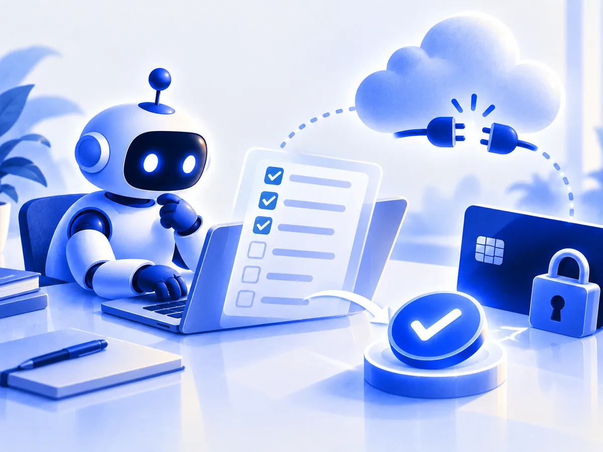 Illustration: ein Roboter arbeitet am Laptop eine Checkliste ab, daneben eine getrennte Wolke, eine gesperrte Karte und ein Freigabe-Knopf