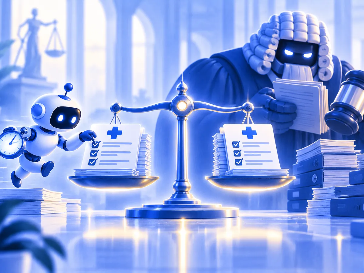 Illustration: ein kleiner Roboter mit Stoppuhr und ein großer Maschinen-Richter prüfen medizinische Dokumente, die Waage zeigt Gleichstand