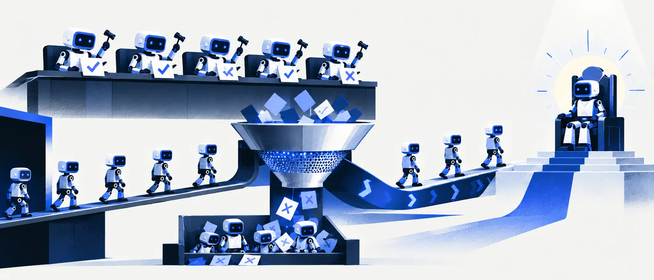 Illustration: small robot judges with gavels pass through a funnel, only a few reach the expert's seat