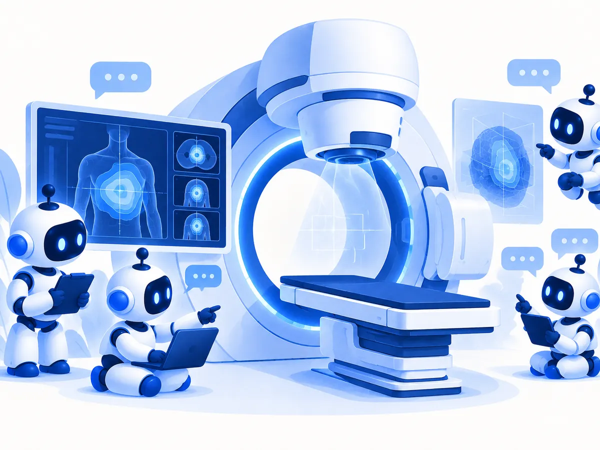 Illustration: ein ringförmiges Bestrahlungsgerät mit leerer Liege, kleine Roboter beraten mit Sprechblasen, ein Monitor zeigt eine Dosiskarte