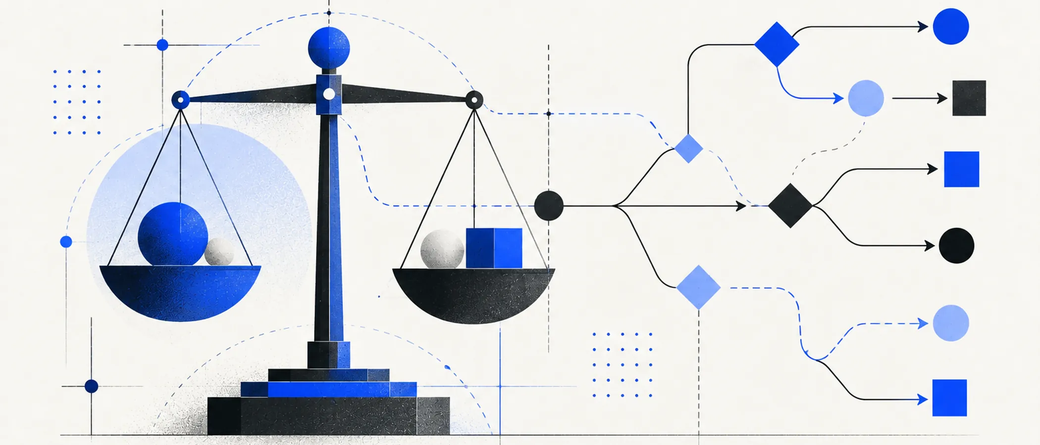 Illustration: a pair of scales and a decision tree drawn with simple lines