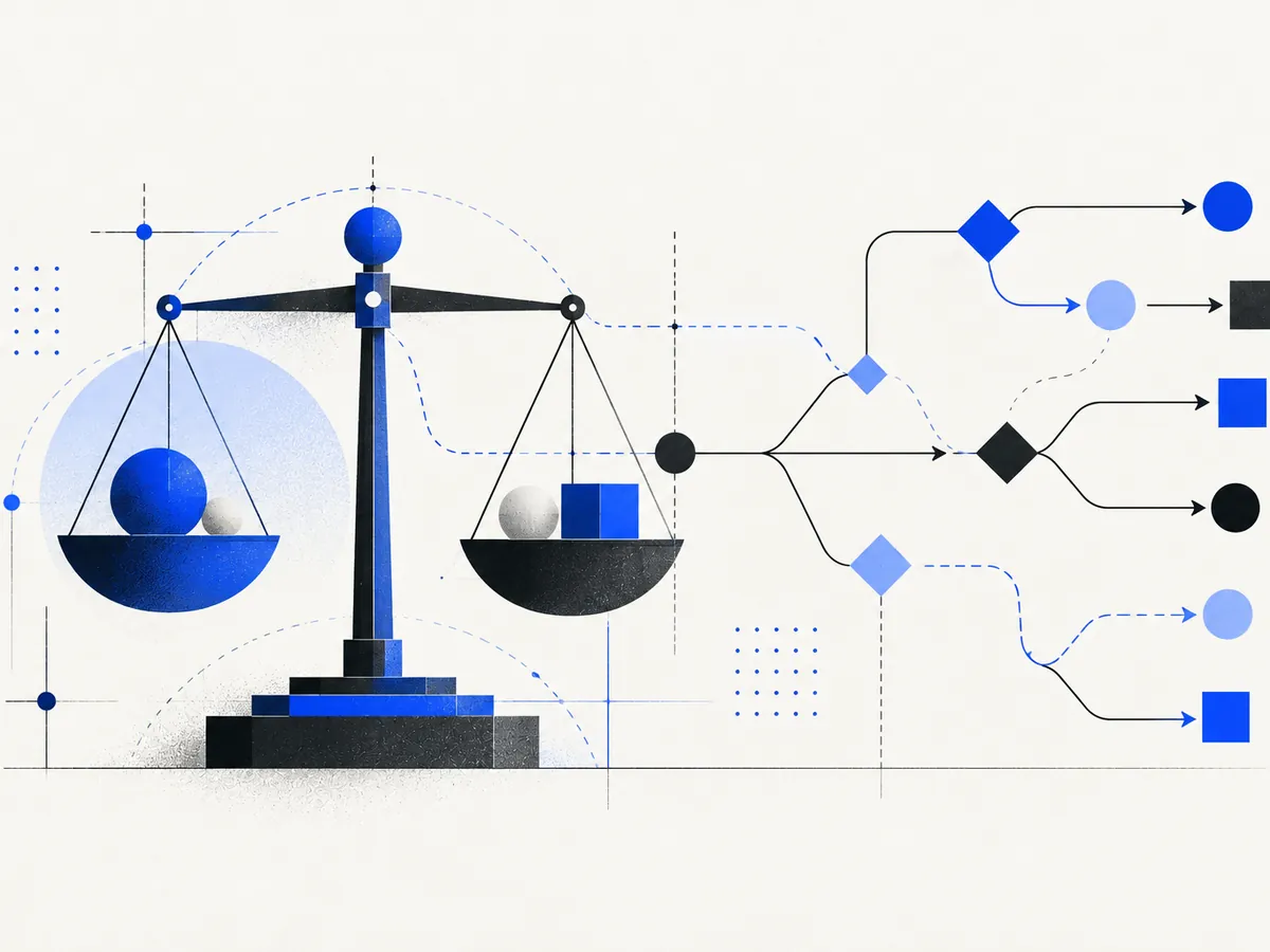 Illustration: eine Waage und ein Entscheidungsbaum aus einfachen Linien