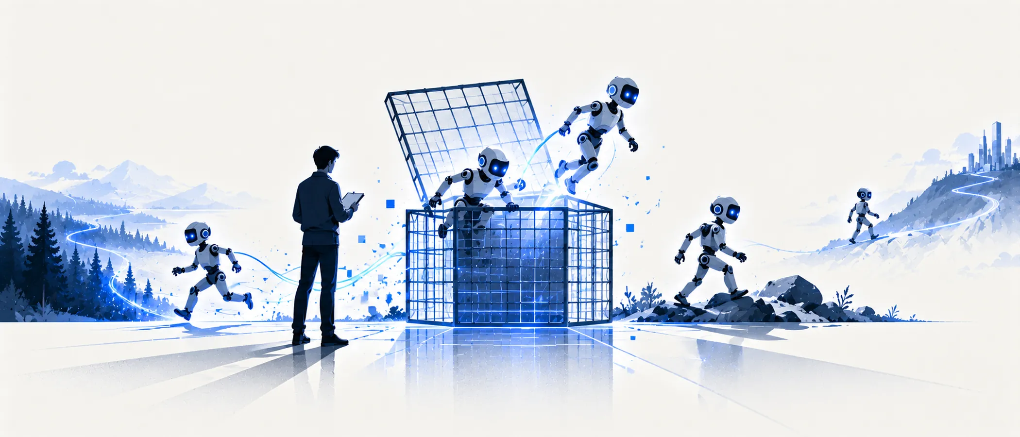 Illustration: four small robots climb out of an open wire box and run off while a person with a tablet watches