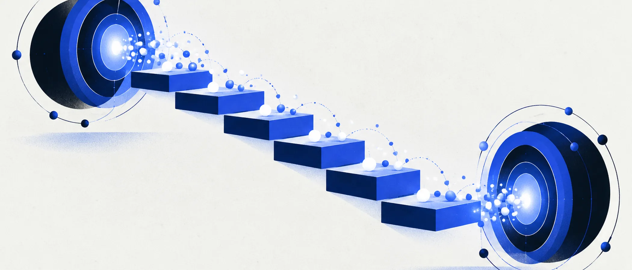 Illustration: eine absteigende blaue Treppe verbindet zwei leuchtende Knoten