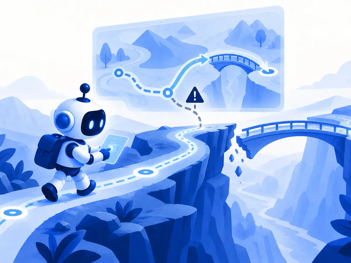 Illustration: ein Roboter läuft auf einen Abgrund zu, eine schwebende Karte warnt und lenkt den Weg zu einer Brücke um