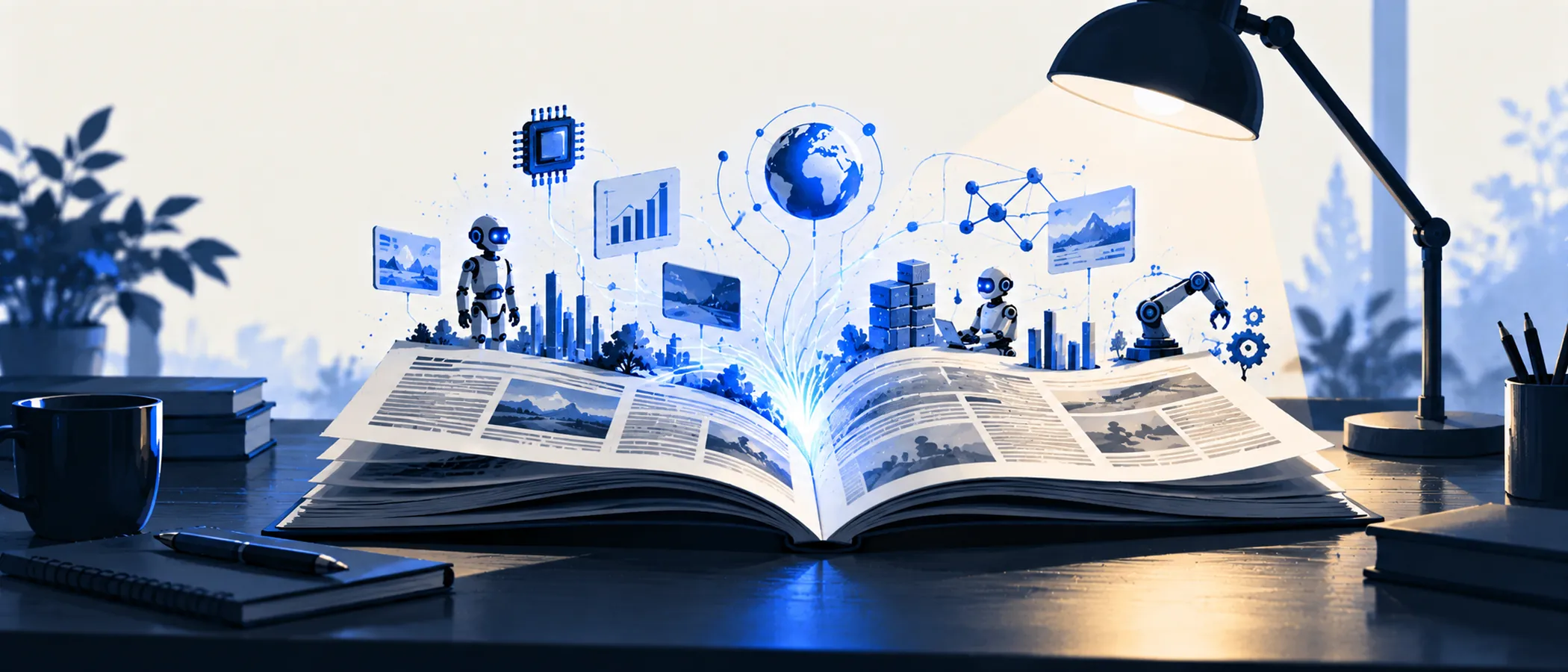 Illustration: eine aufgeschlagene Zeitung auf dem Schreibtisch, aus der Netzlinien, Chips und Diagramme aufsteigen