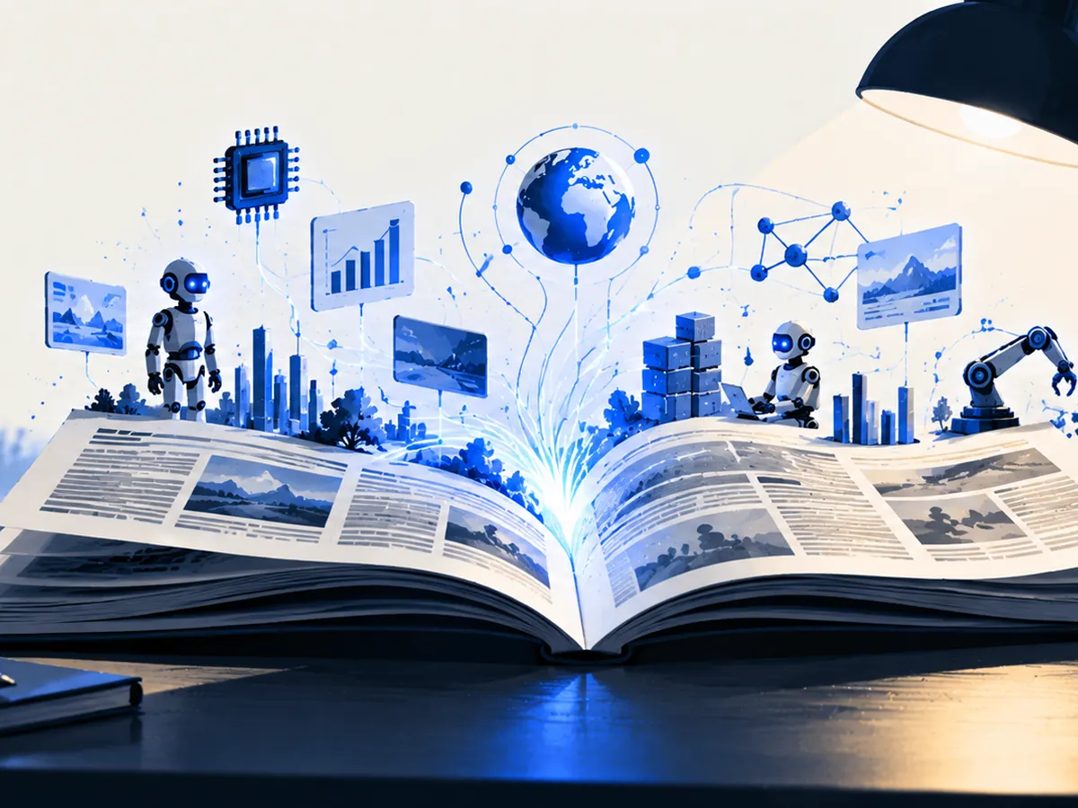 Illustration: eine aufgeschlagene Zeitung auf dem Schreibtisch, aus der Netzlinien, Chips und Diagramme aufsteigen